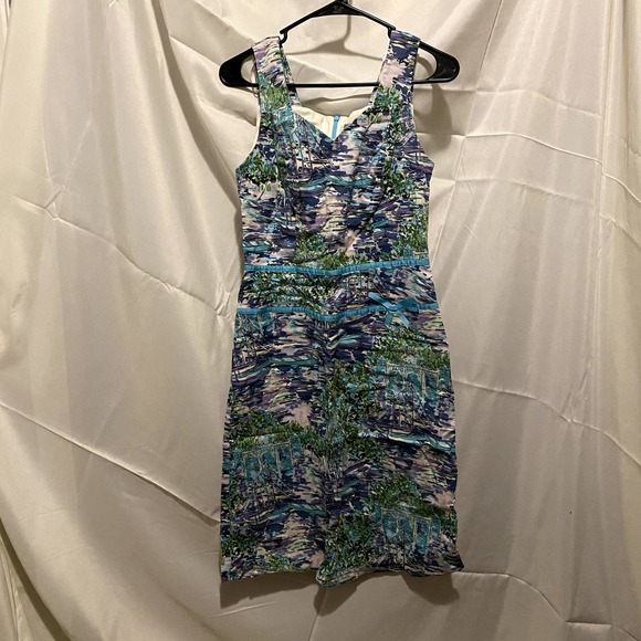 Rabbit Designs Watercolor Lake House Scenery Print Sheath Dress w/ Sash Green 6 - Picture 2 of 6